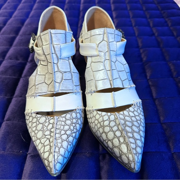 Fluevog Truth Alisha T-Strap Heel with Skull Buckle in White Croc 🤍🖤 - Picture 2 of 11